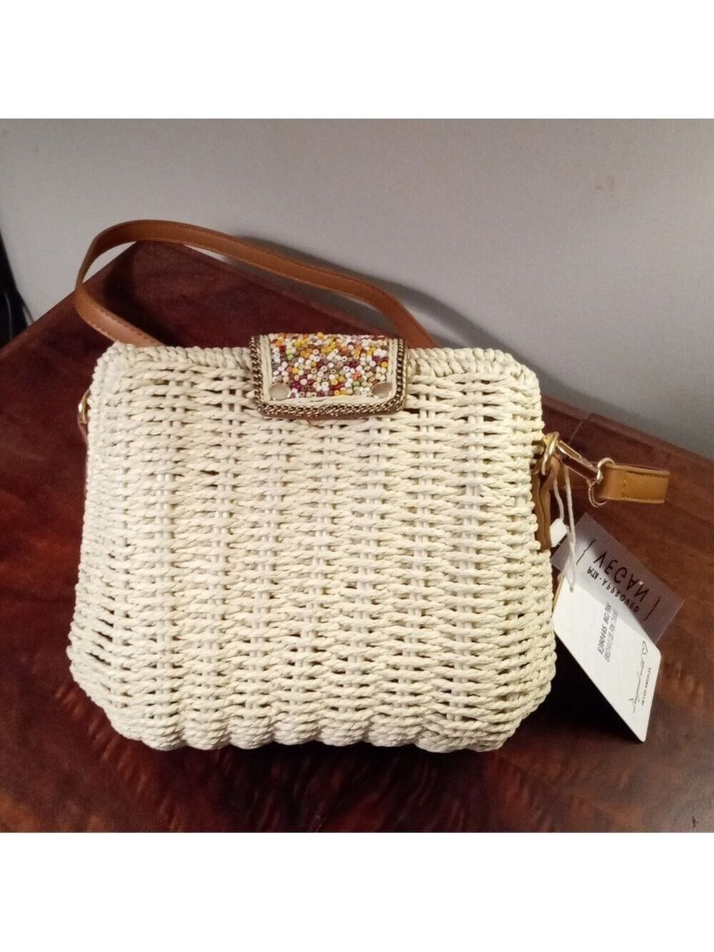 NWT Emperia Natural Straw And Vegan Leather Crossbody Bag With Beaded Accents - Picture 3 of 12